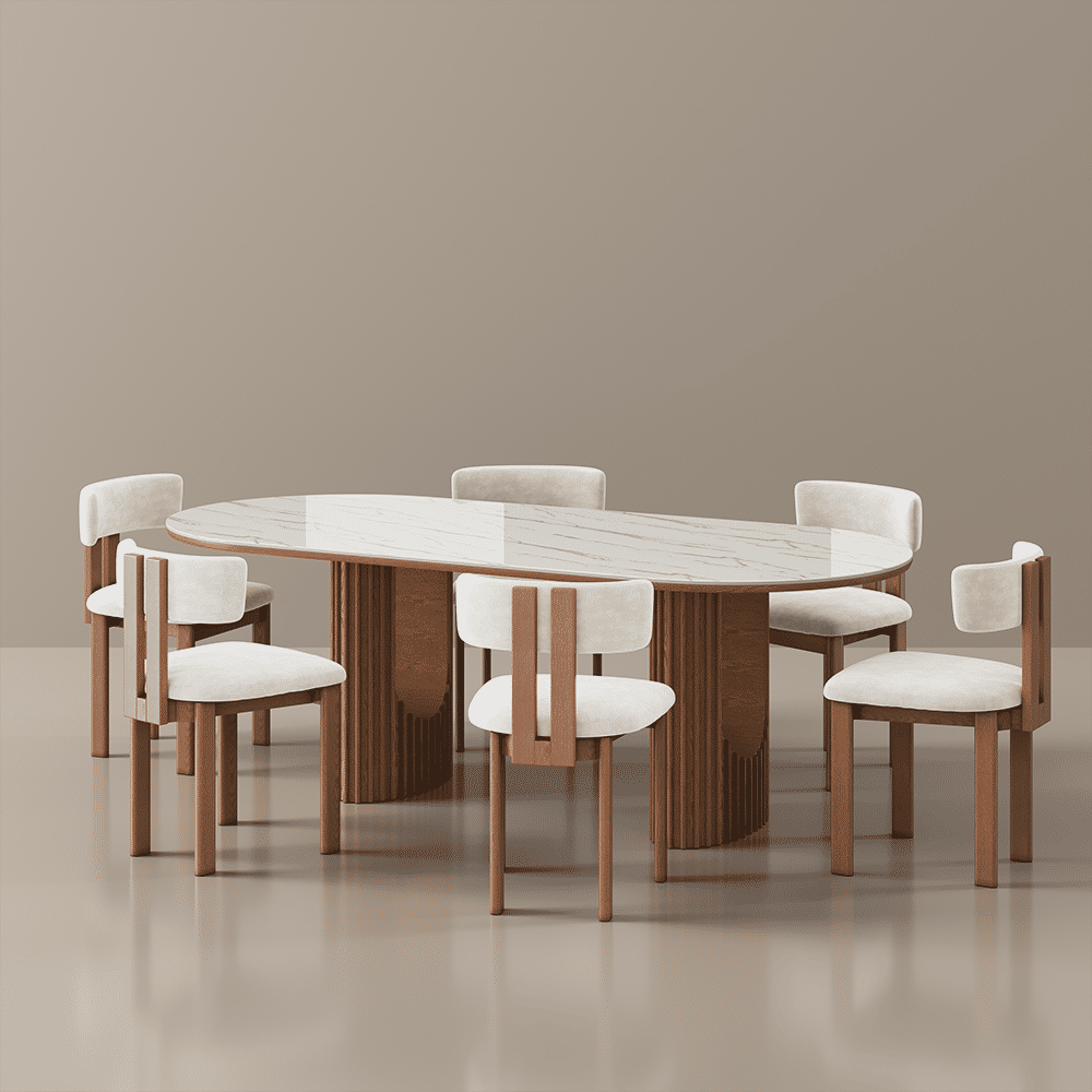 Wood White & Walnut Glossy Sintered Stone Dining Room Set