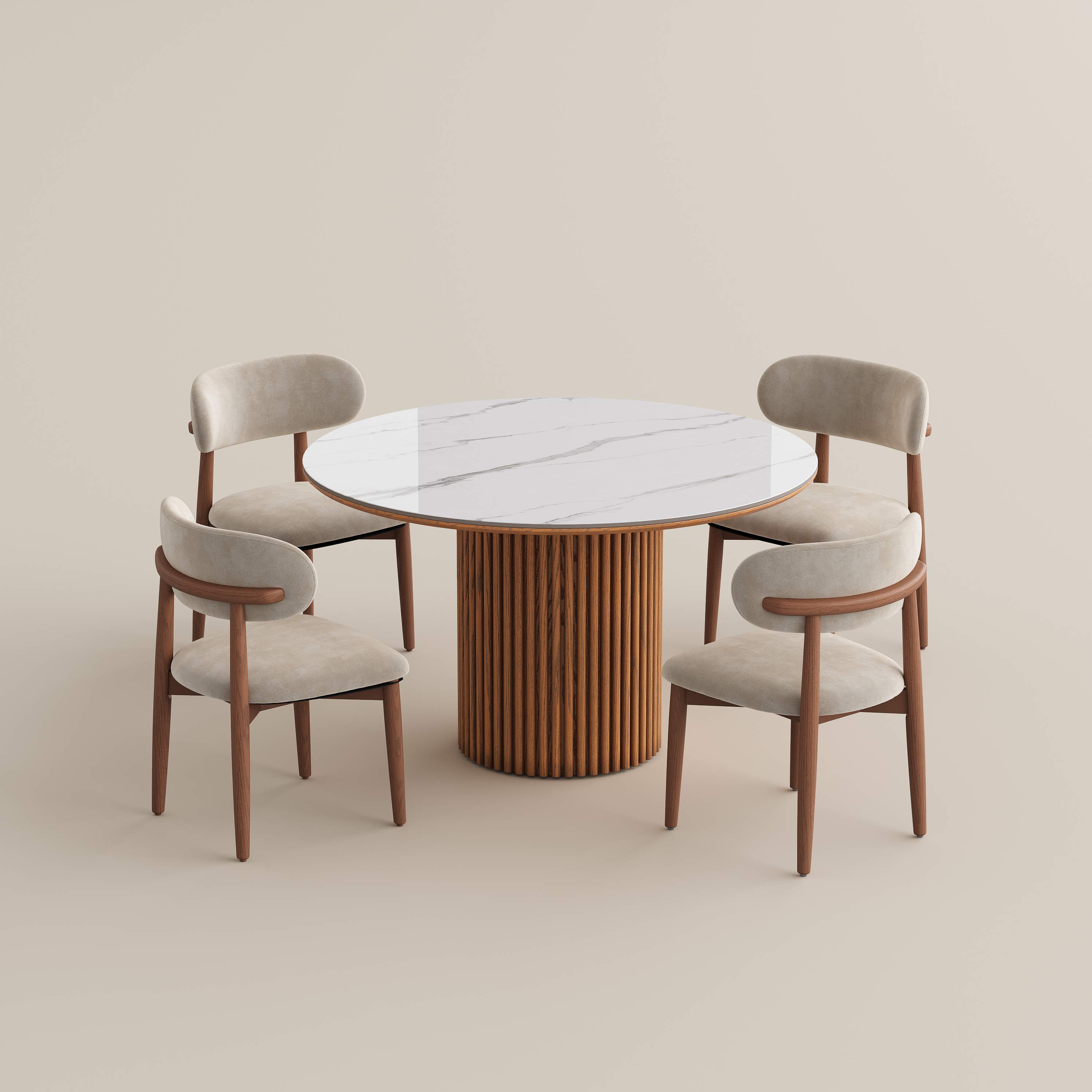Modern White & Walnut Sintered Stone & Plywood Dining Room Set