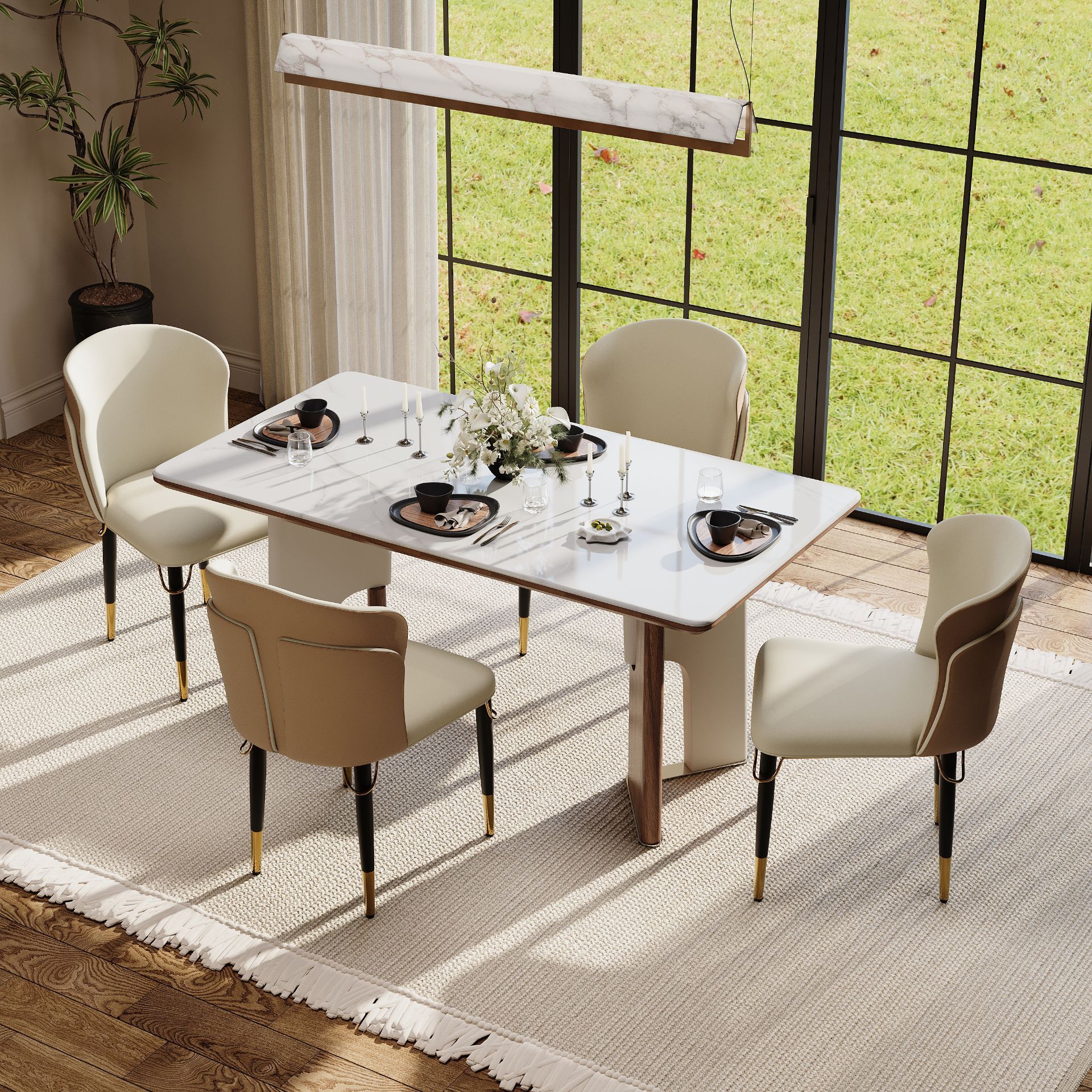 Stone White & Walnut mdf&stainless steel Dining Tables