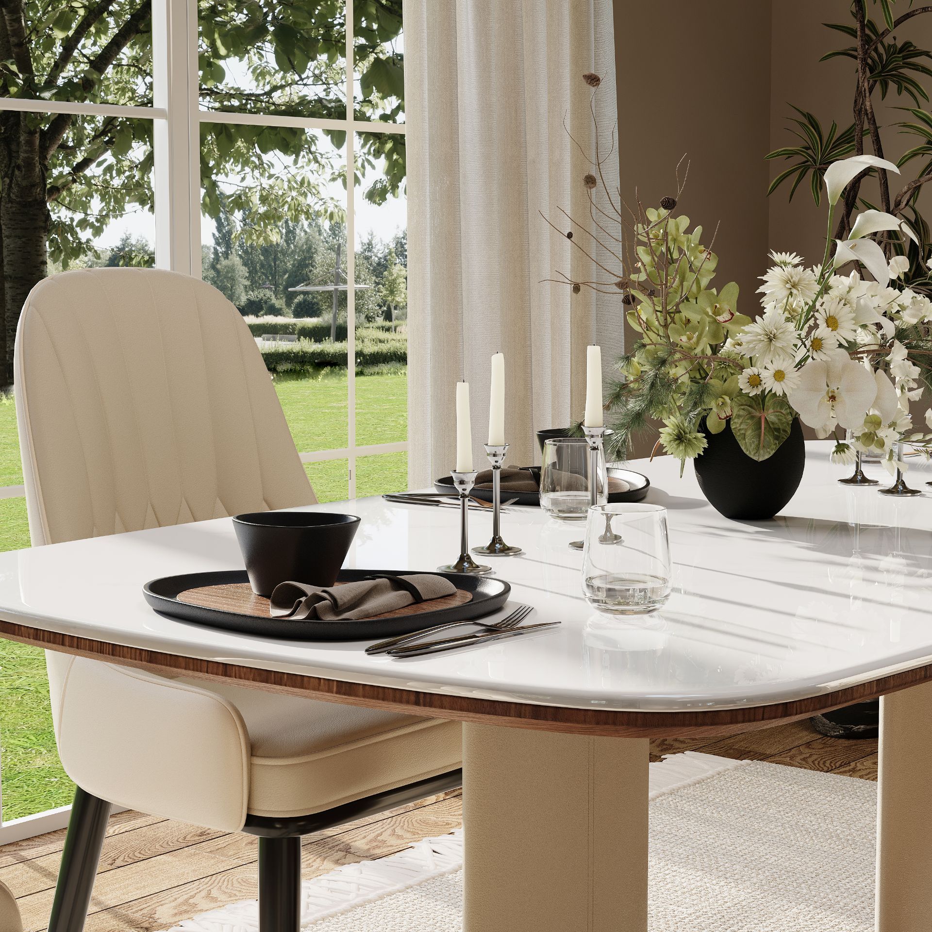 Walnut Color White & Walnut MDF & Carbon Steel Dining Tables