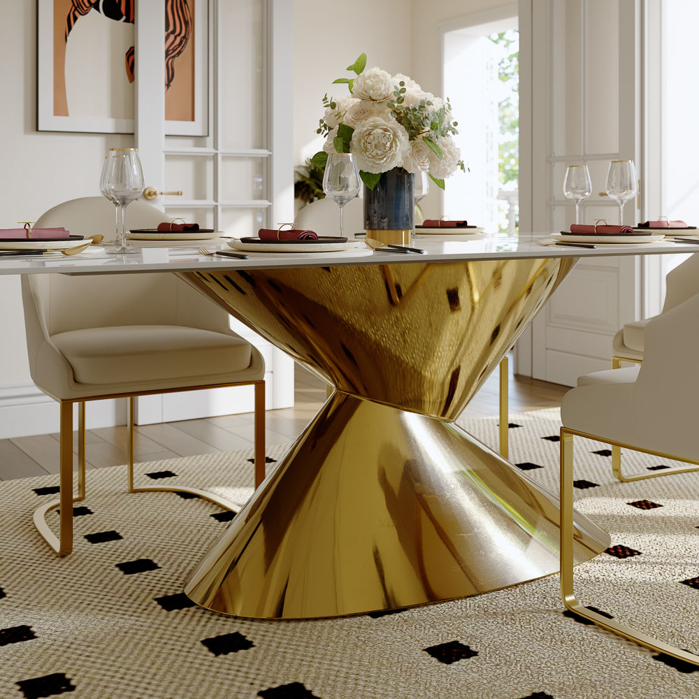 for 4 White&Gold Sintered Stone & Stainless Steel Dining Tables