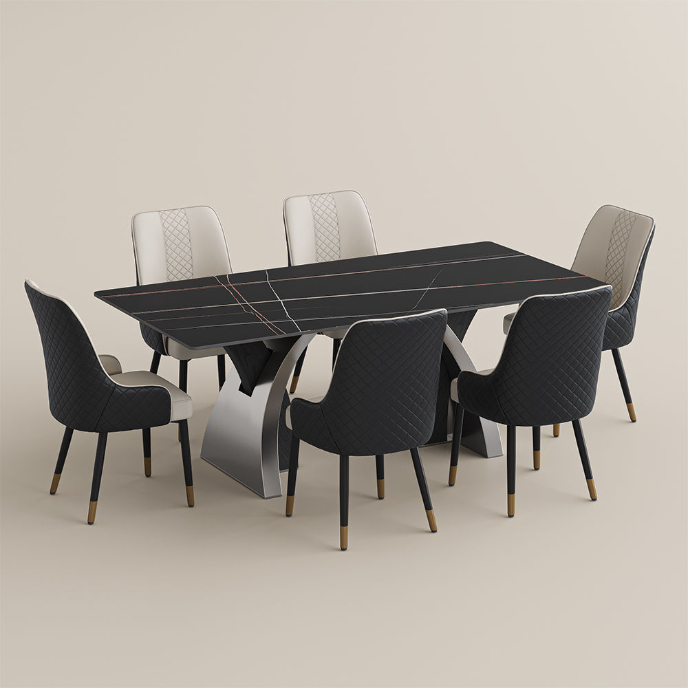 Seats 6 Black Matte Sintered Stone Dining Room Set