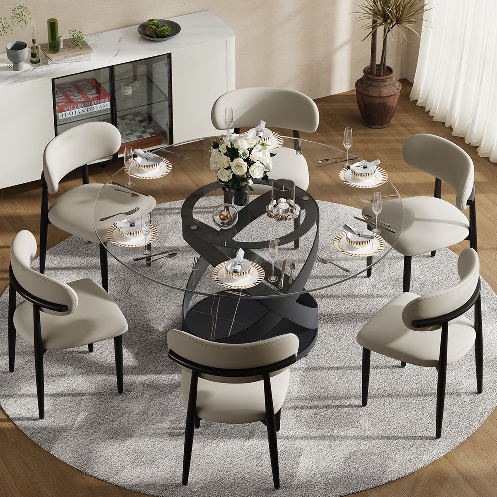 Seats 6 Transparent Glass Tempered Glass Dining Room Set