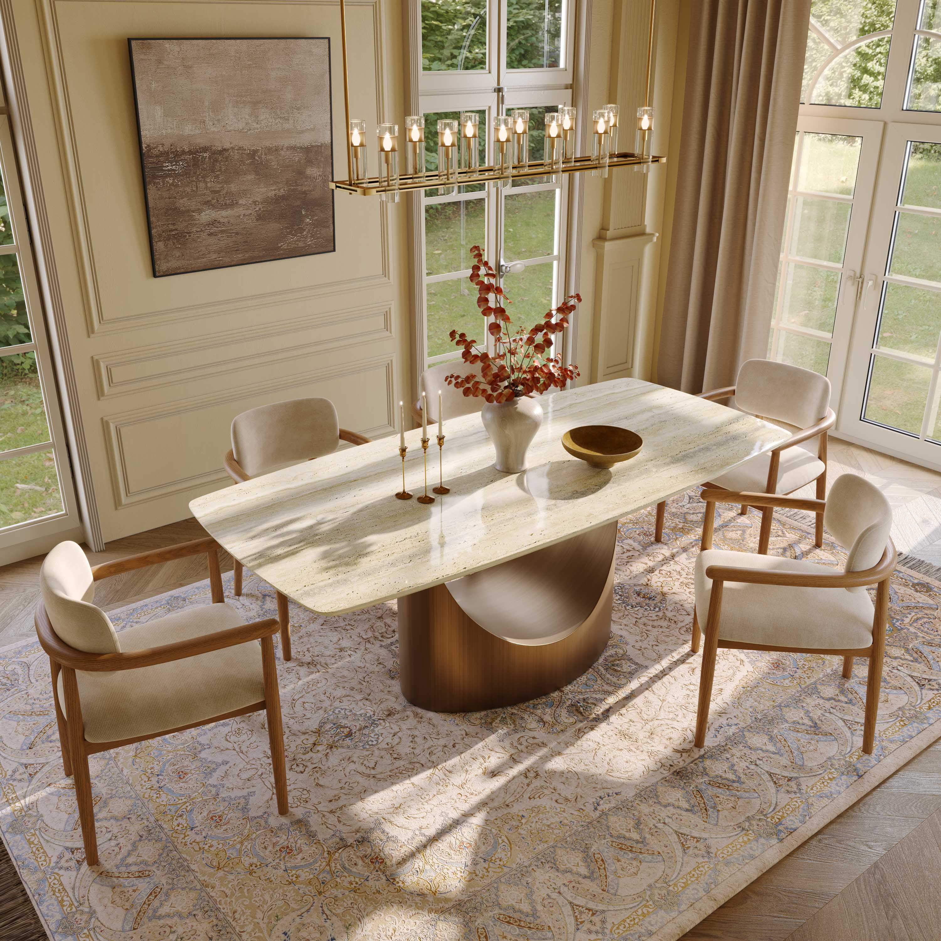 Cotton Linen Yellow Natural Marble Dining Room Set