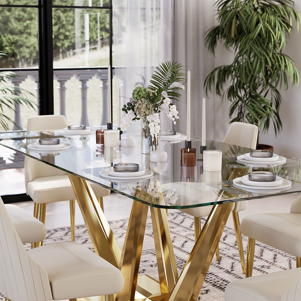 V-Shape Tempered Glass Dining Tables