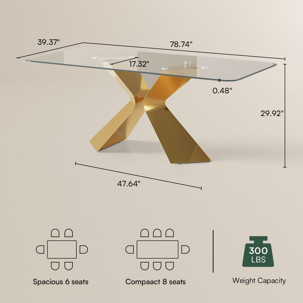Modern Golden&Transparent Color Tempered Glass Dining Tables