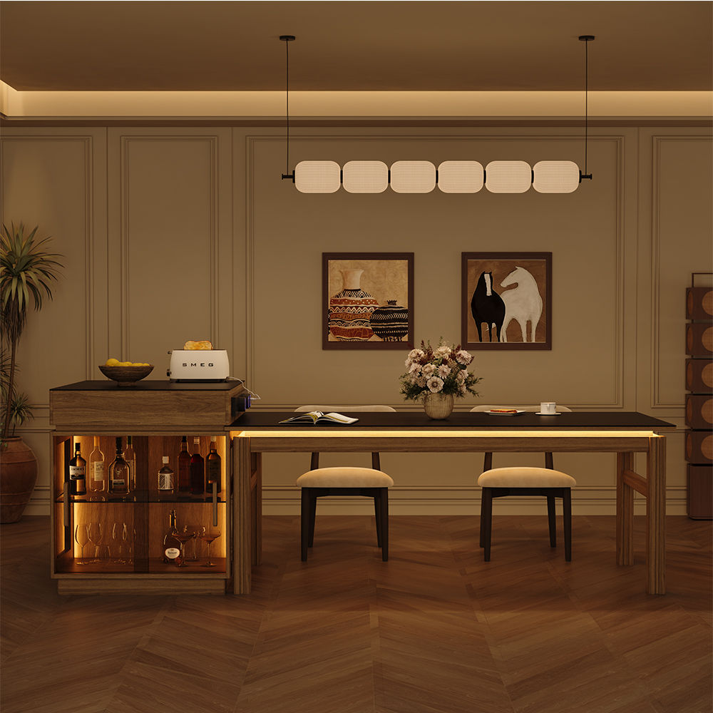with LED Light Black & Walnut MDF & Matte Sintered Stone Dining Tables