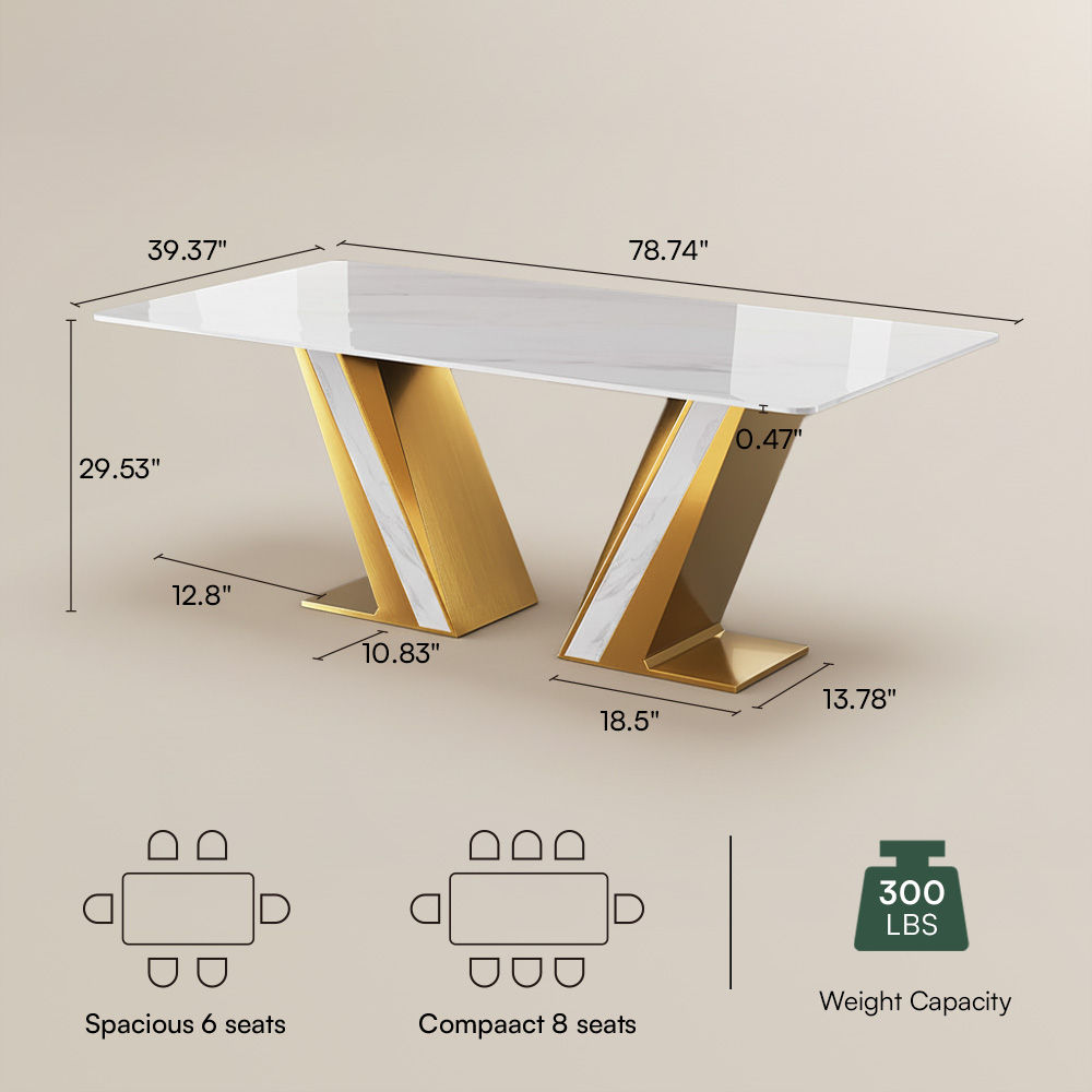 White&Gold Glossy Sintered Stone Dining Tables