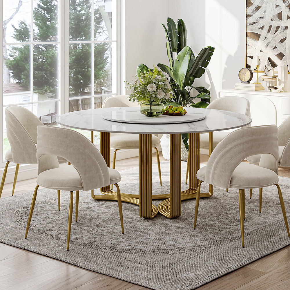 Metal Base White Glossy Sintered Stone Dining Tables