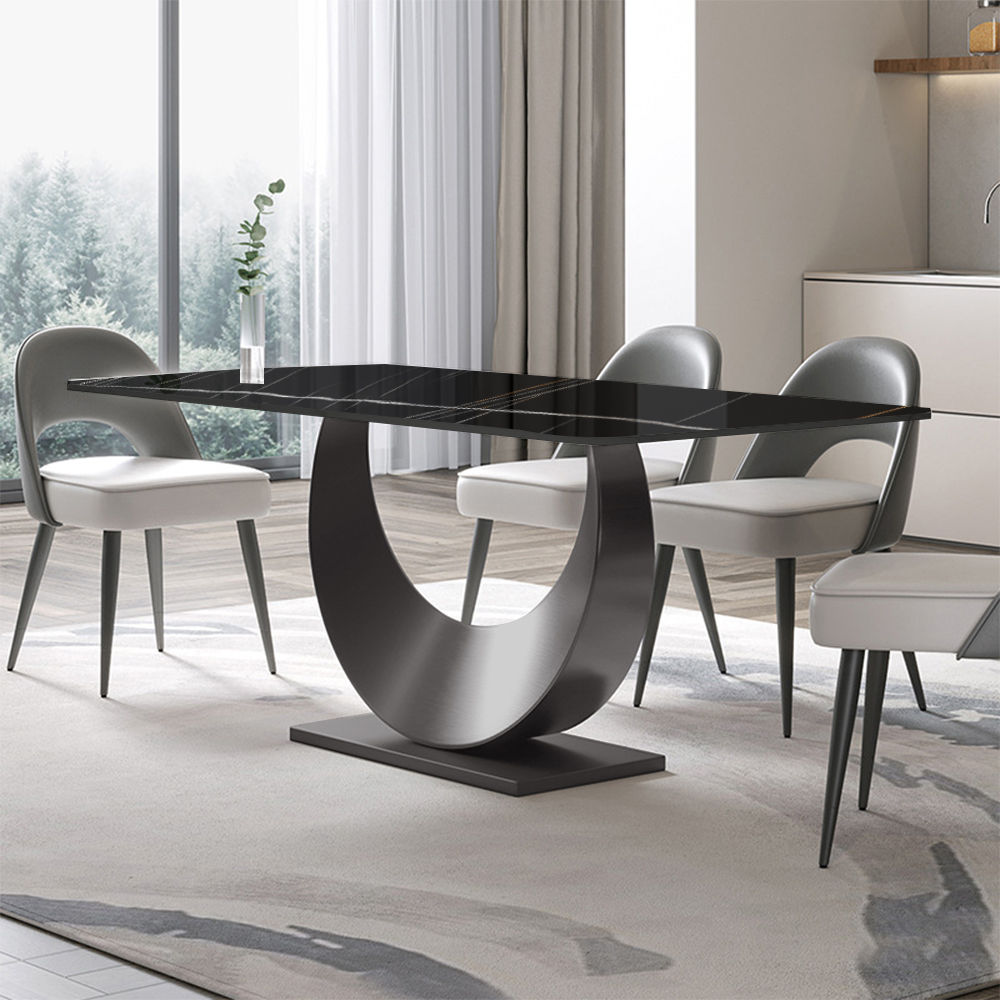 Rectangular Black & Silver Glossy Sintered Stone Dining Tables