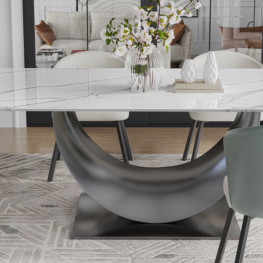 Modern Luxury White & Silver Glossy Sintered Stone Dining Tables