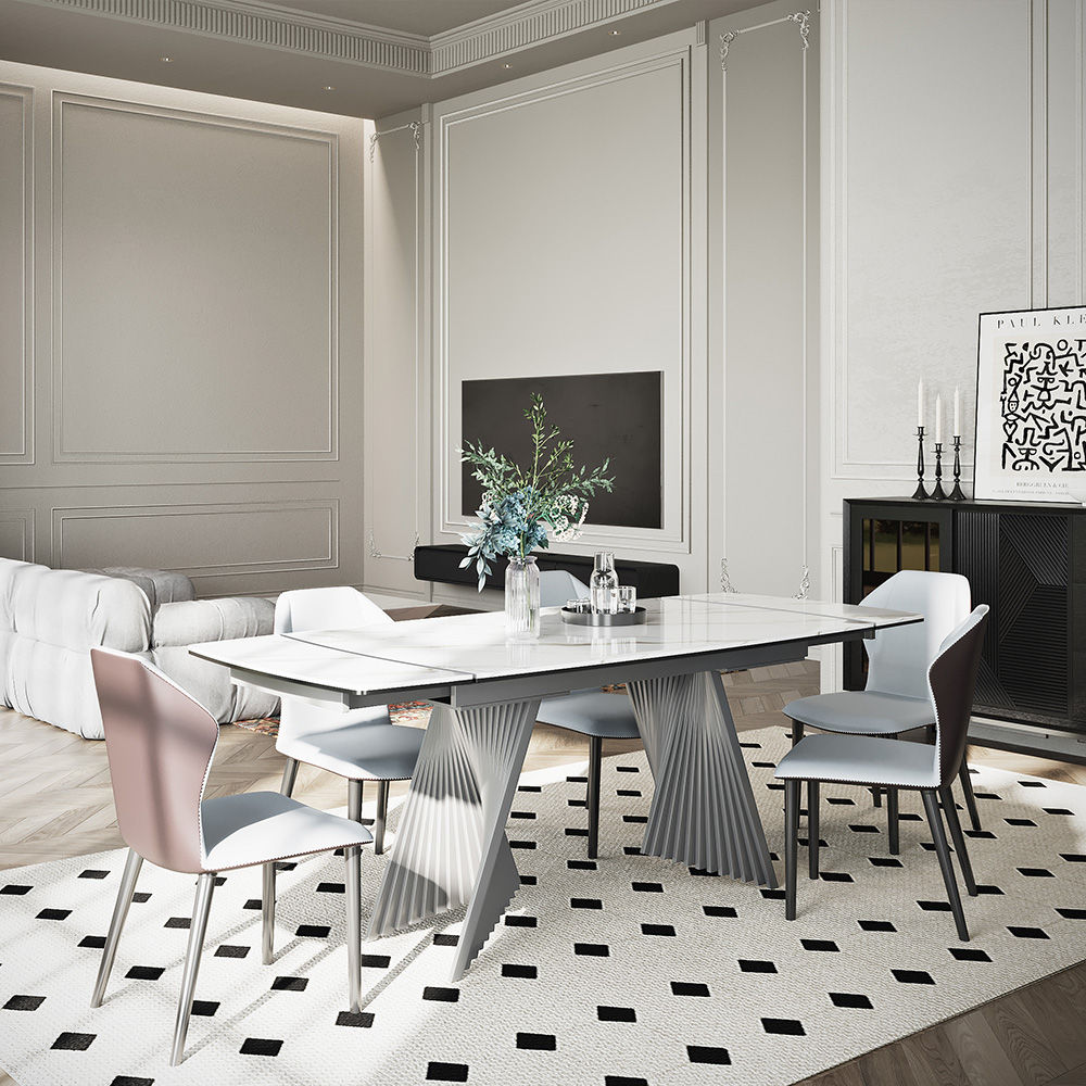 Metal Base White Glossy Sintered Stone Extendable Dining Tables