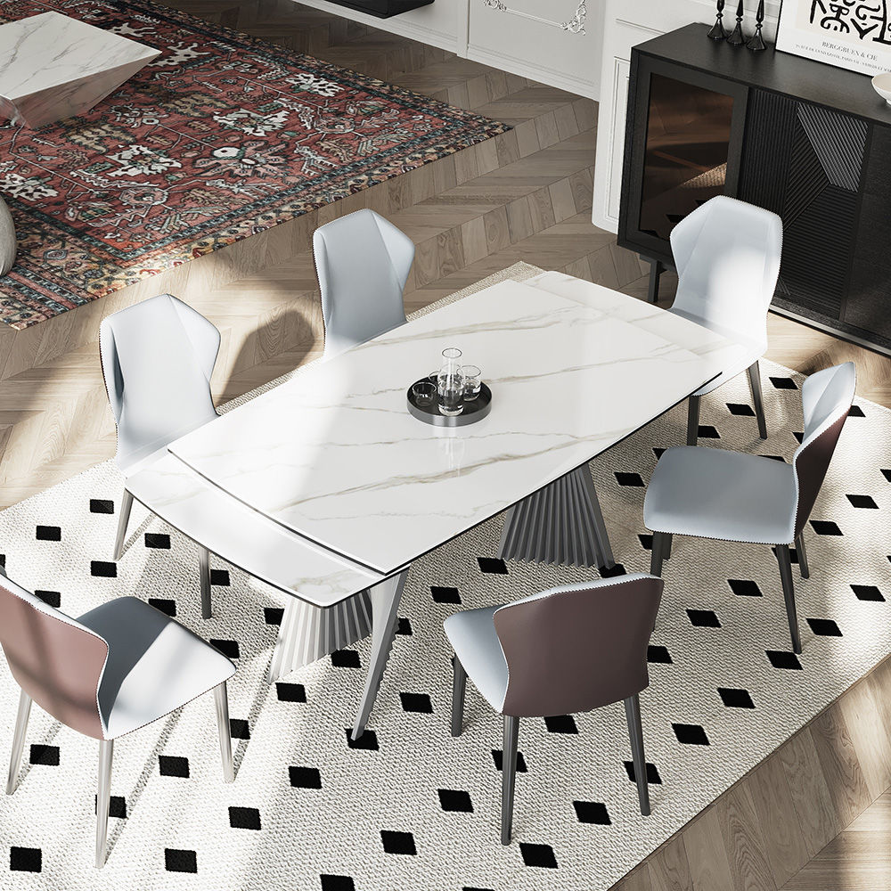 Rectangular White Glossy Sintered Stone Extendable Dining Tables