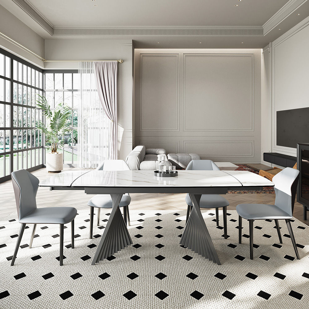 Rectangular White Glossy Sintered Stone Extendable Dining Tables