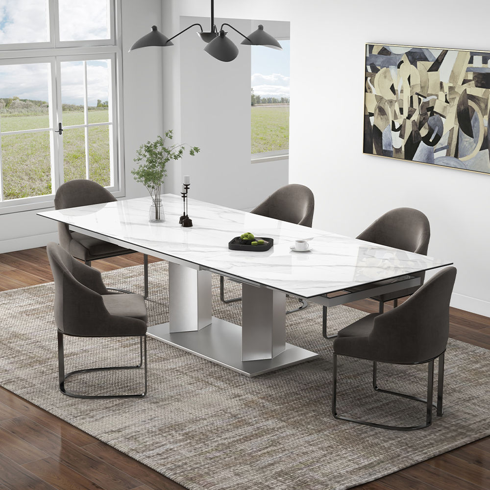 for 6 White Matte Sintered Stone Extendable Dining Tables