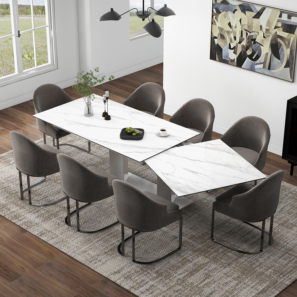 Metal Base White Matte Sintered Stone Extendable Dining Tables