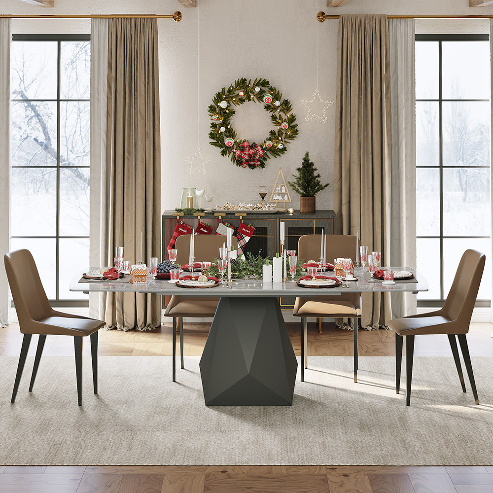 without Chairs Light Gray Glossy Sintered Stone Extendable Dining Tables