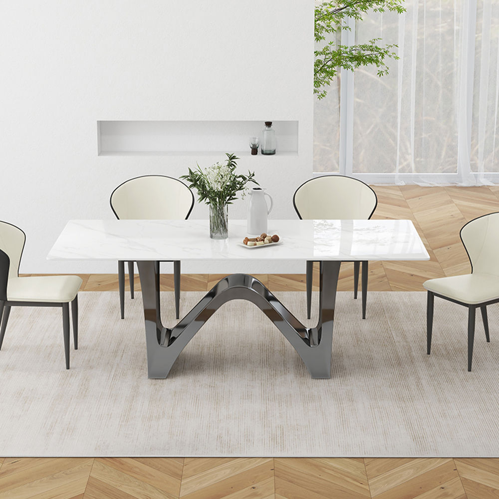 Metal Base White Glossy Sintered Stone Dining Tables