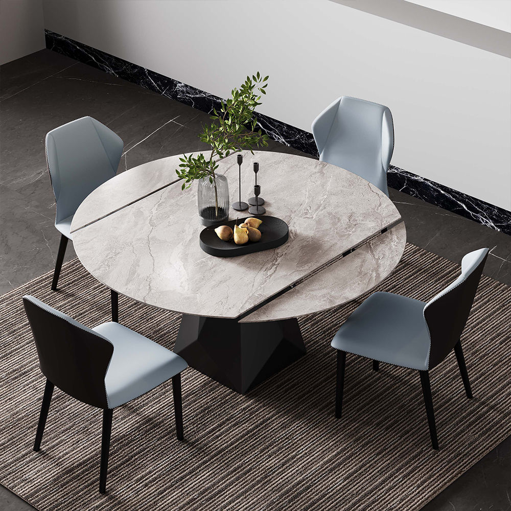Metal Base Gray Glossy Sintered Stone Extendable Dining Tables