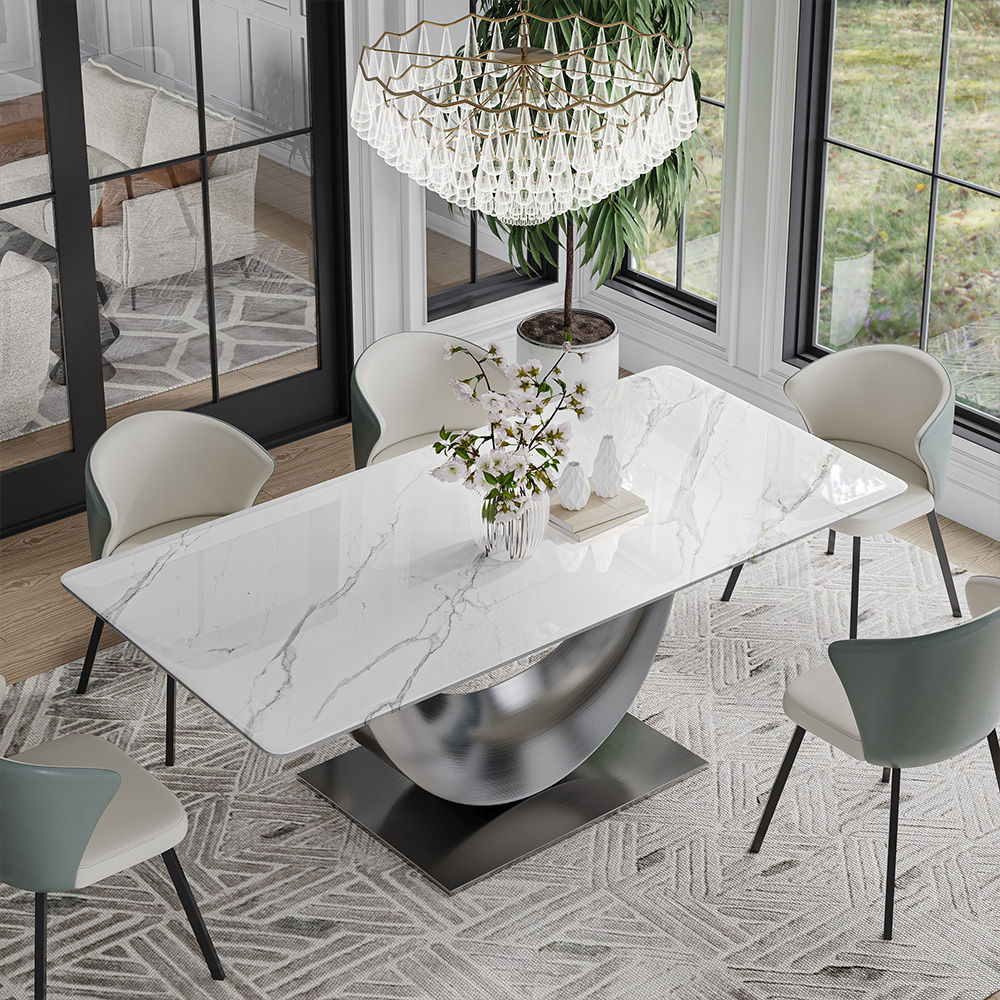 for 4 White & Silver Glossy Sintered Stone Dining Tables