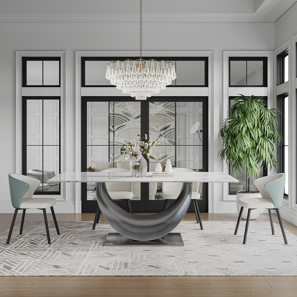 Metal Base White & Silver Glossy Sintered Stone Dining Tables
