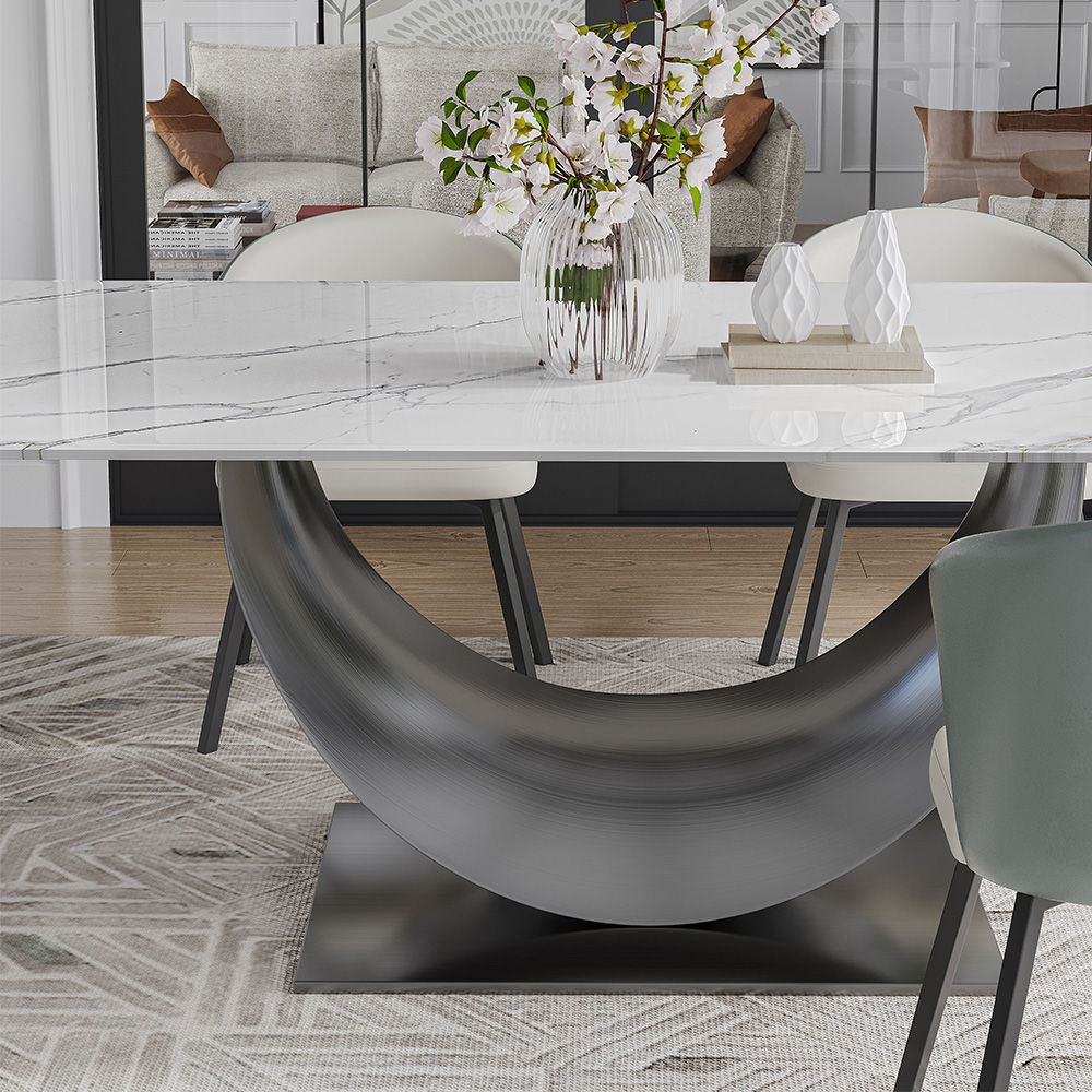 Metal Base White & Silver Glossy Sintered Stone Dining Tables