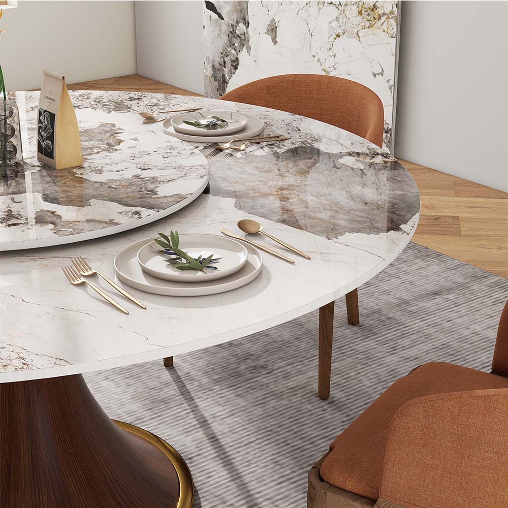 Round Wood color Glossy Sintered Stone Dining Tables