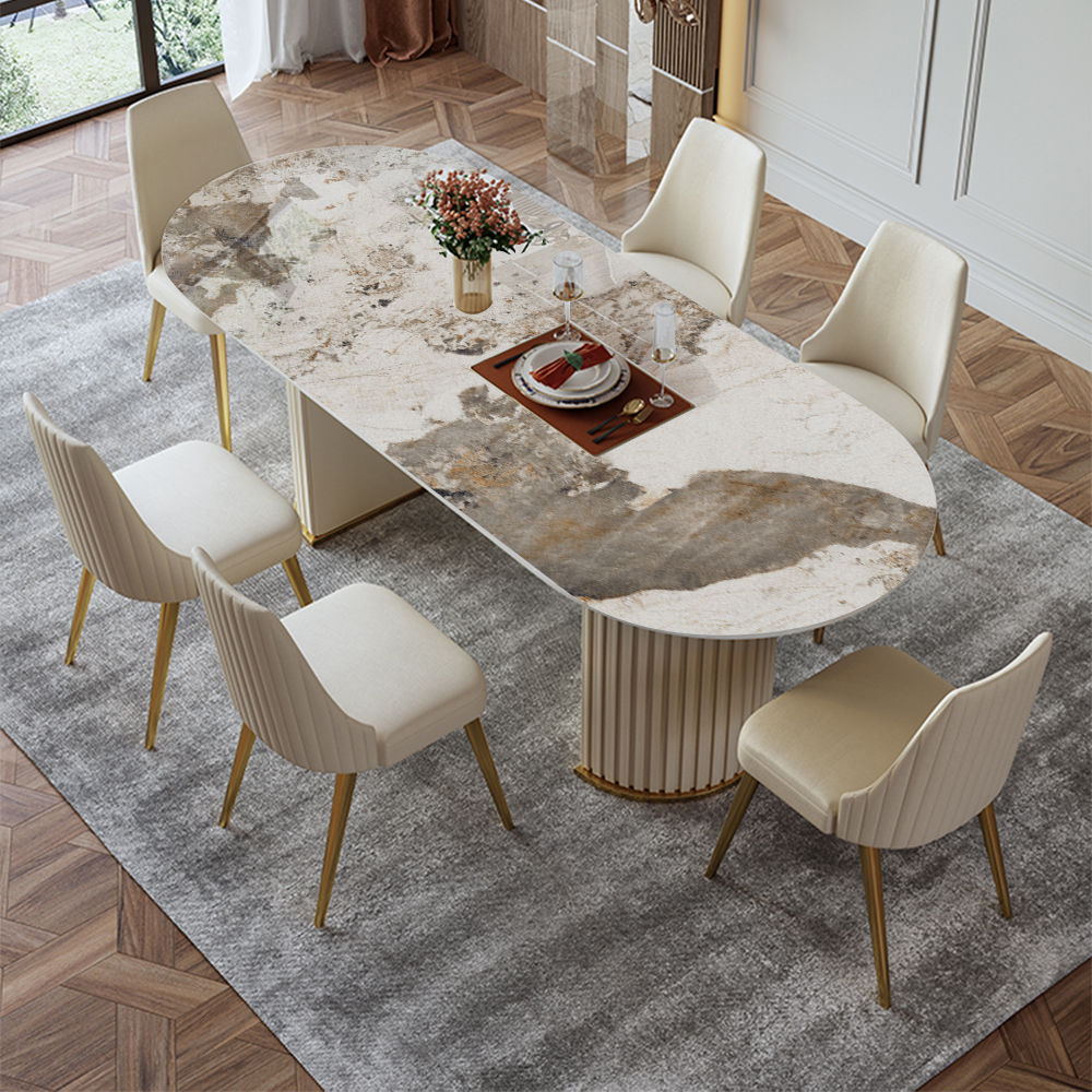 White&Gold Glossy Sintered Stone Dining Tables