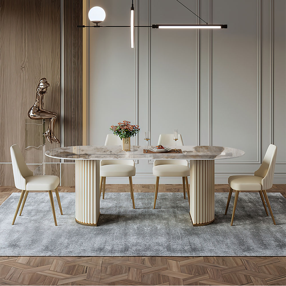 White&Gold Glossy Sintered Stone Dining Tables