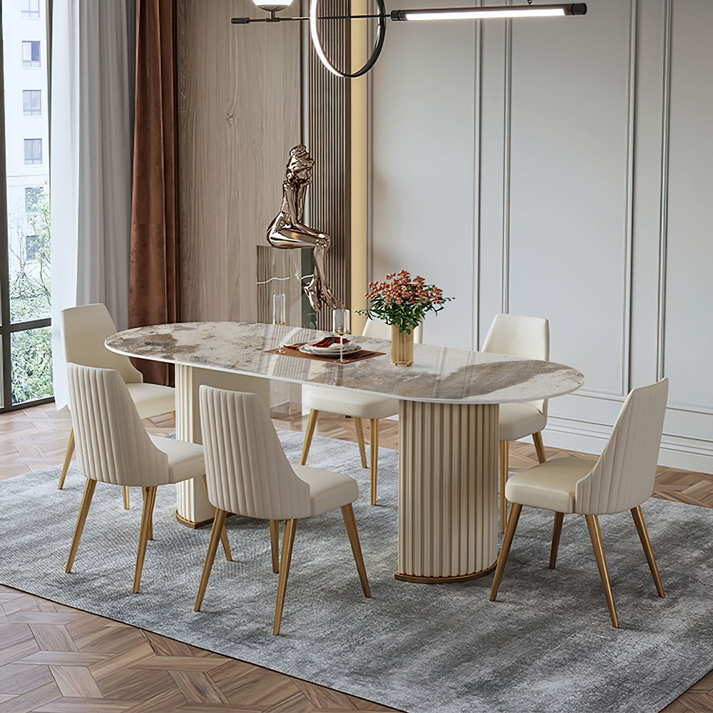 White&Gold Glossy Sintered Stone Dining Tables