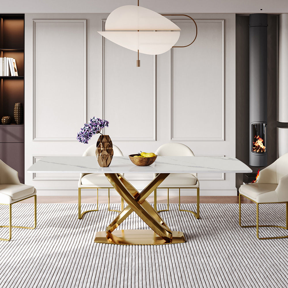 Metal Base White Matte Sintered Stone Dining Tables