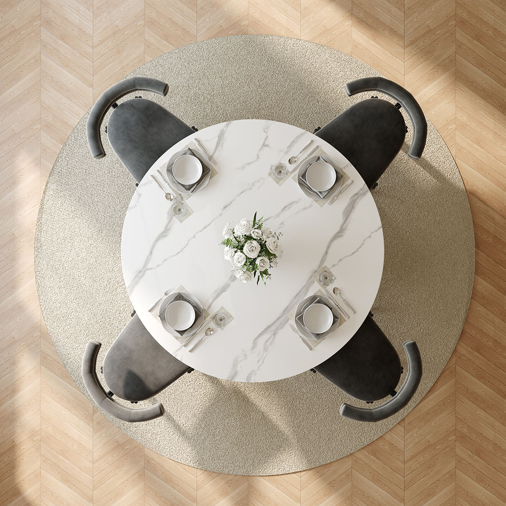 Metal Base White & Gray Glossy Sintered Stone Dining Tables