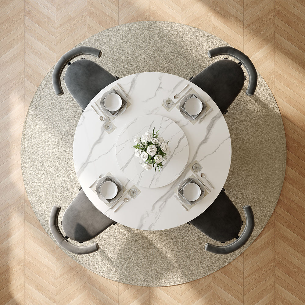 for 6 White & Gray Glossy Sintered Stone Dining Tables
