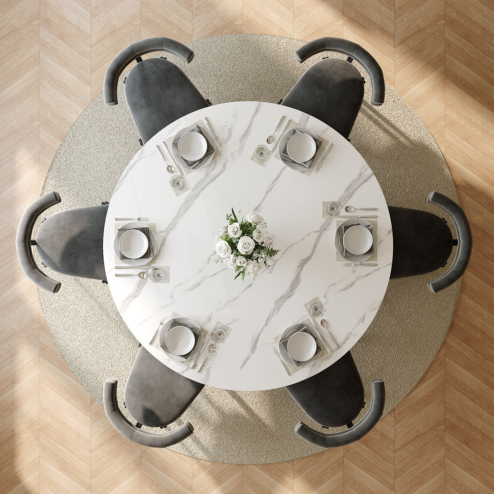 for 4 White & Gray Glossy Sintered Stone Dining Tables