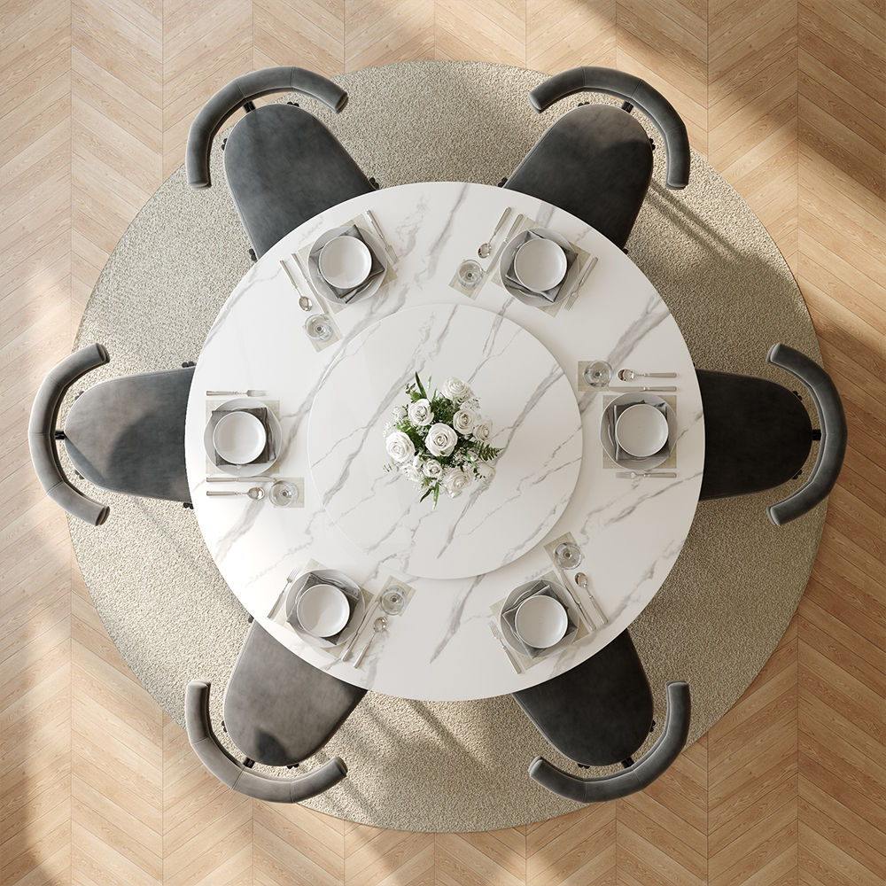 Metal Base White & Gray Glossy Sintered Stone Dining Tables