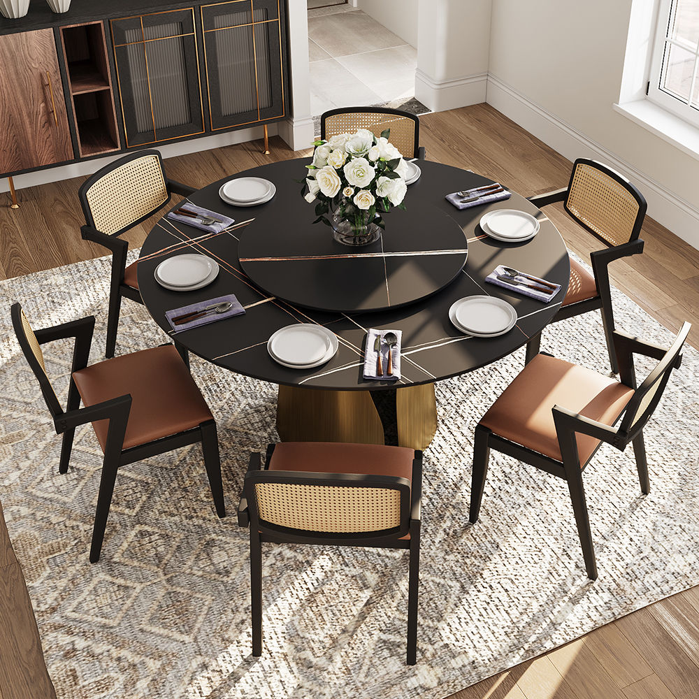 without Lazy Susan Bronze & Black Matte Sintered Stone Dining Tables