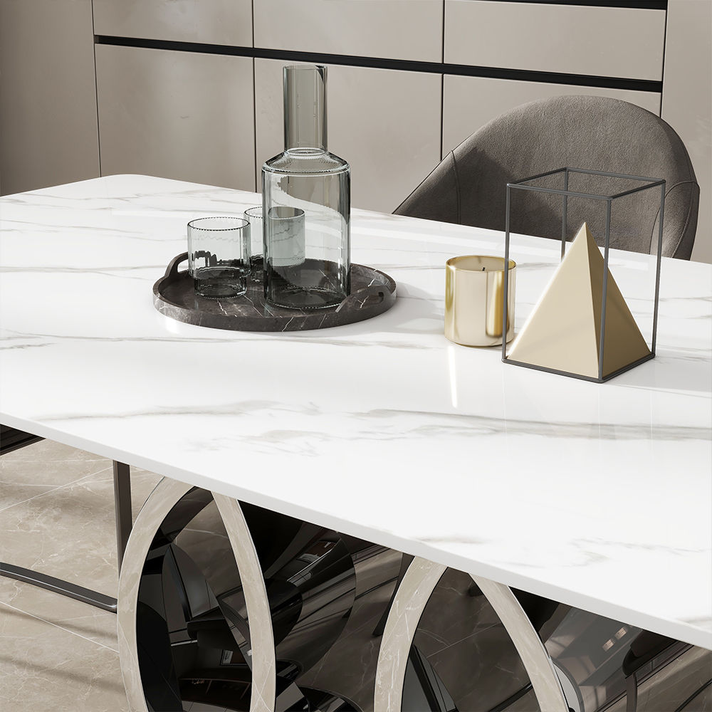 for 6 White Glossy Sintered Stone Dining Tables