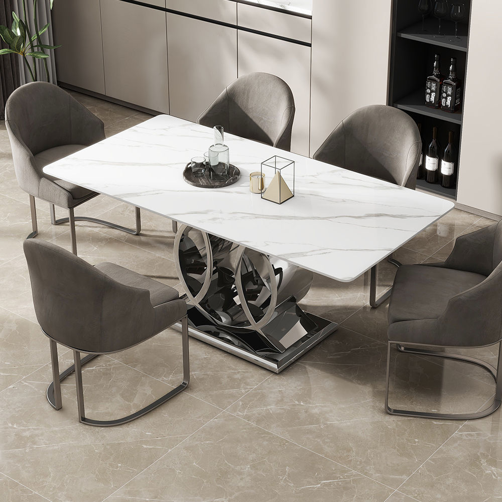 for 6 White Glossy Sintered Stone Dining Tables