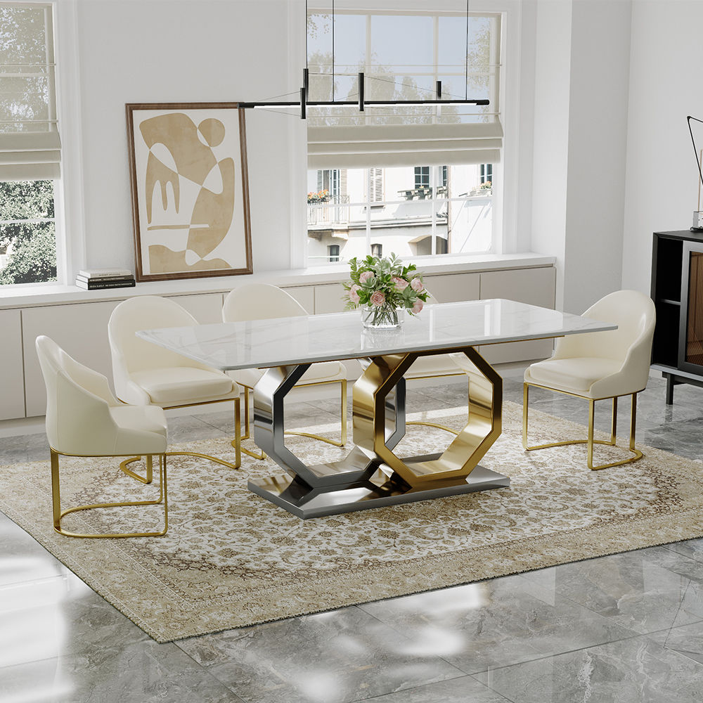 Blanc Dessus de table en faux marbre et base en acier inoxydable Tables à manger