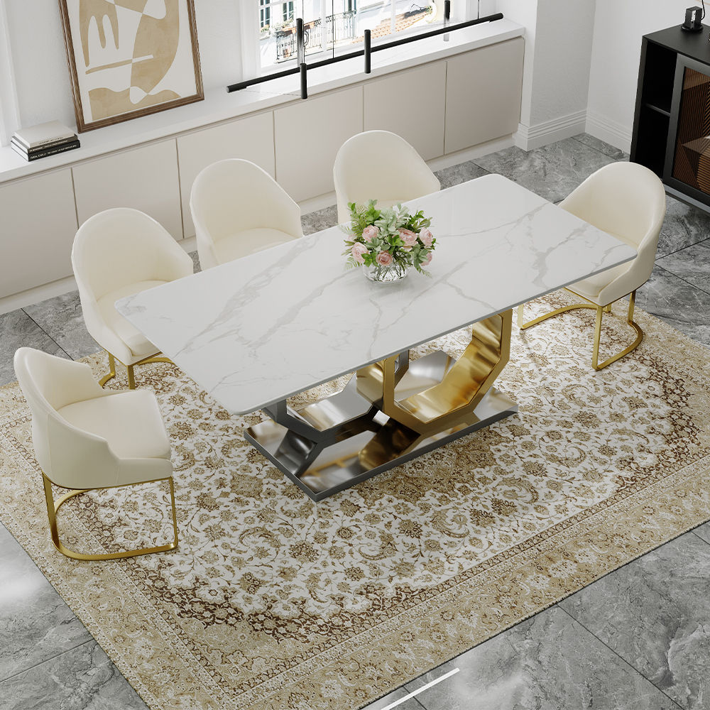 Blanc Dessus de table en faux marbre et base en acier inoxydable Tables à manger