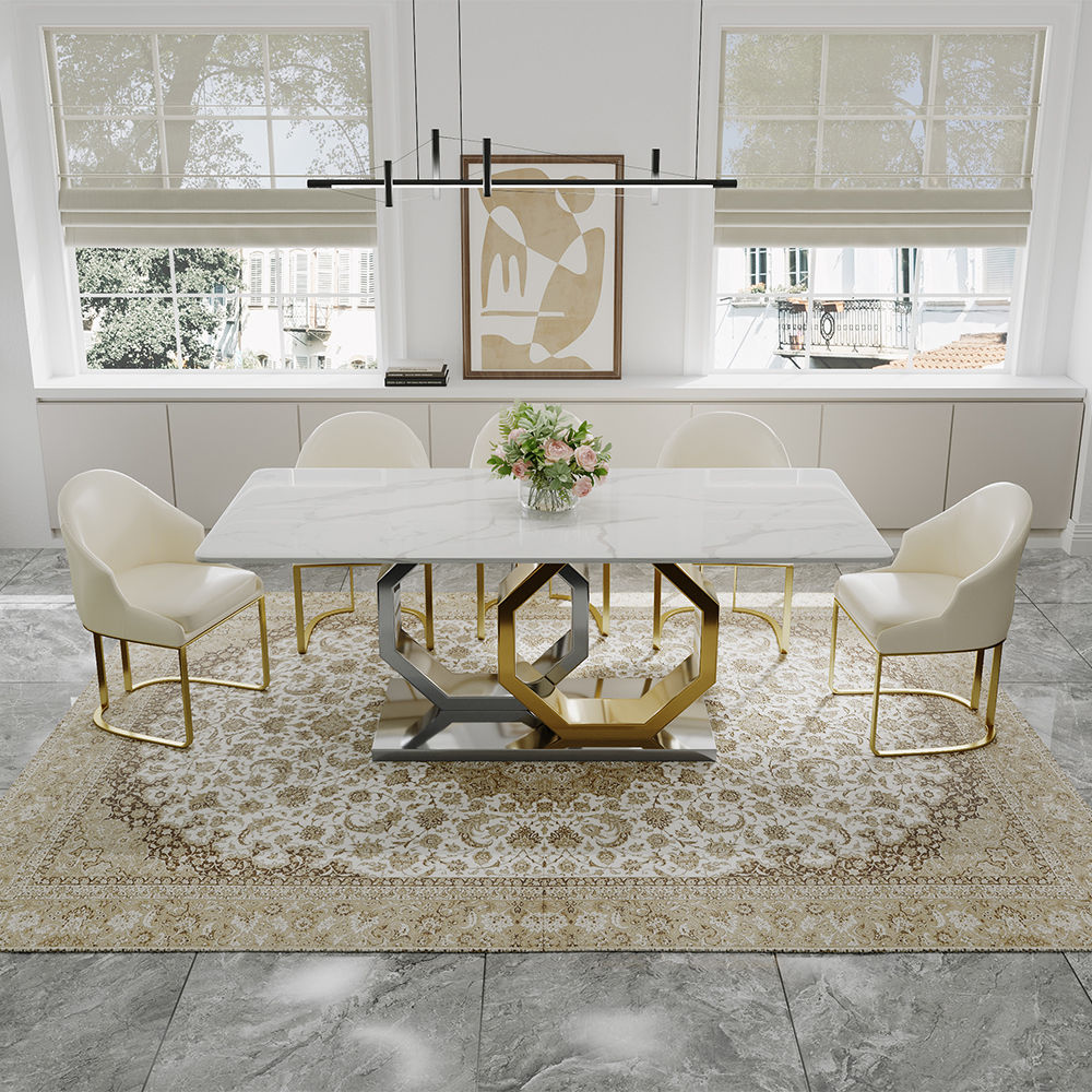 Blanc Dessus de table en faux marbre et base en acier inoxydable Tables à manger
