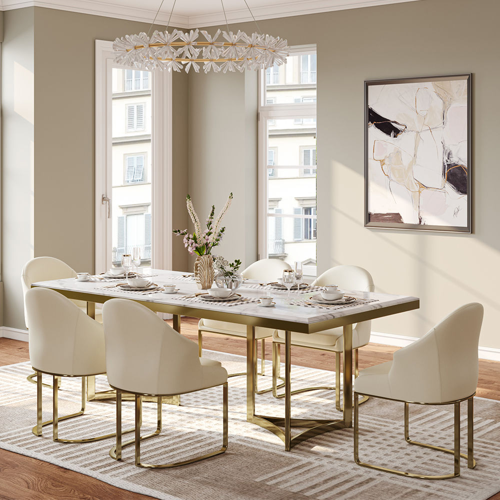 Blanc Dessus de table en faux marbre et base en acier inoxydable Tables à manger