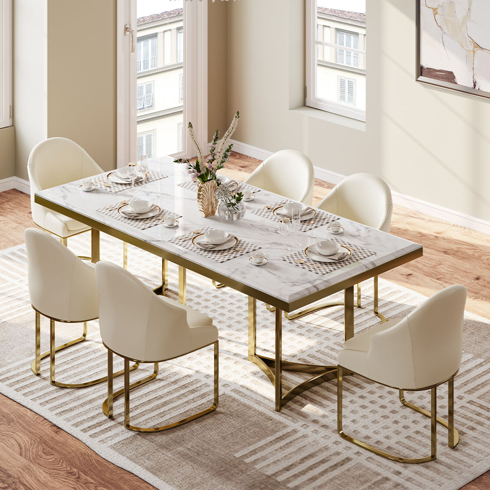 Blanc Dessus de table en faux marbre et base en acier inoxydable Tables à manger