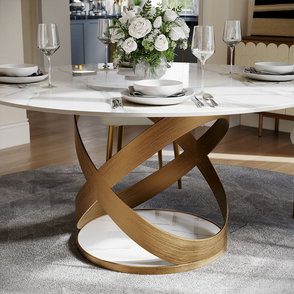 Partly Assemble White & Bronze Sintered Stone Dining Tables