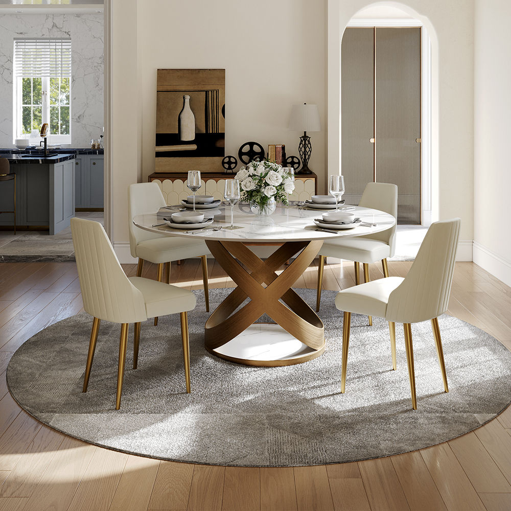 Partly Assemble White & Bronze Sintered Stone Dining Tables
