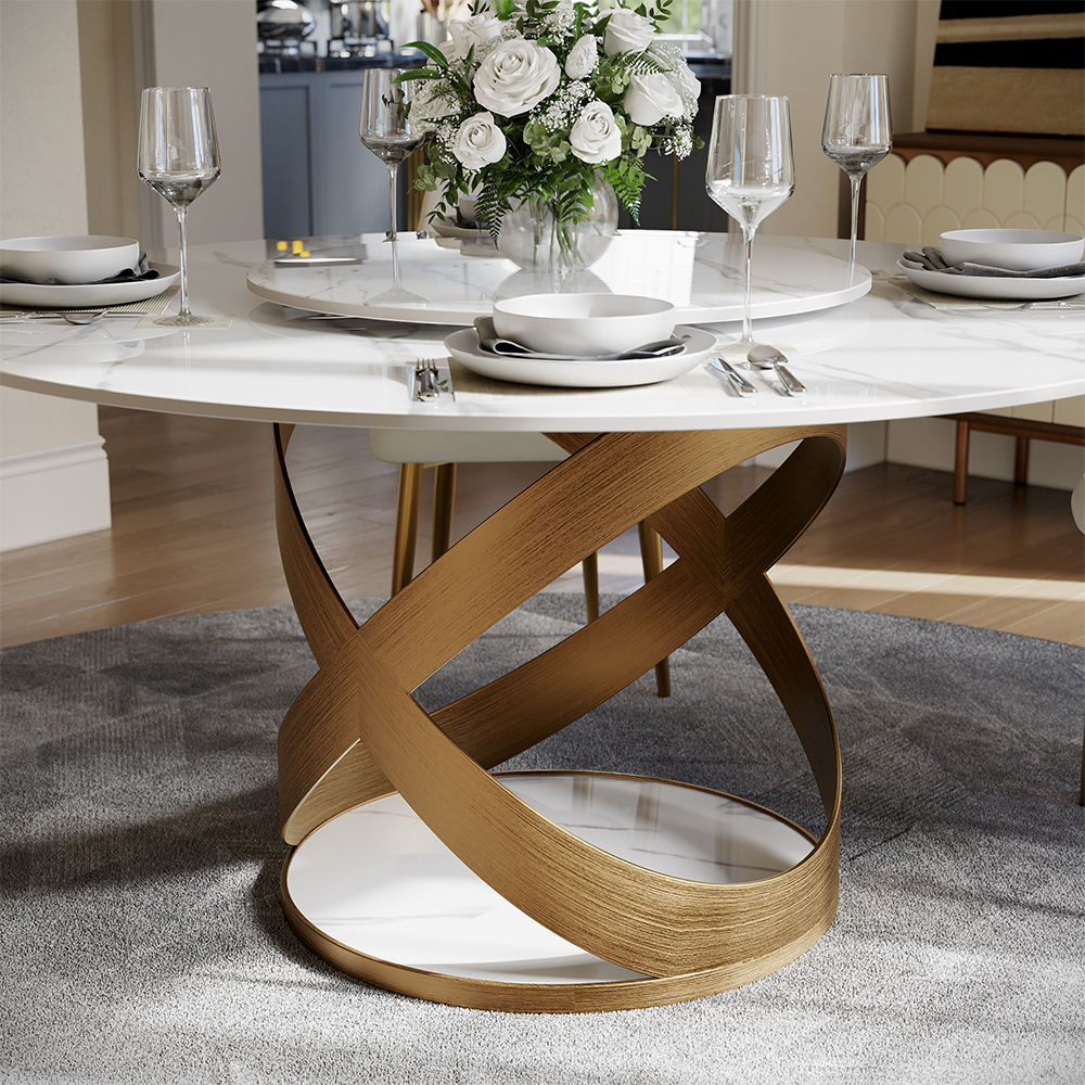 Partly Assemble White & Bronze Sintered Stone Dining Tables