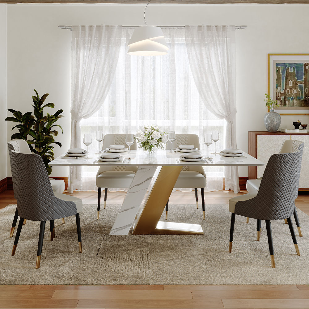 for 6 Glossy White Sintered Stone Dining Tables