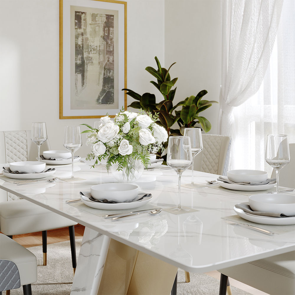 Metal Base Glossy White Sintered Stone Dining Tables