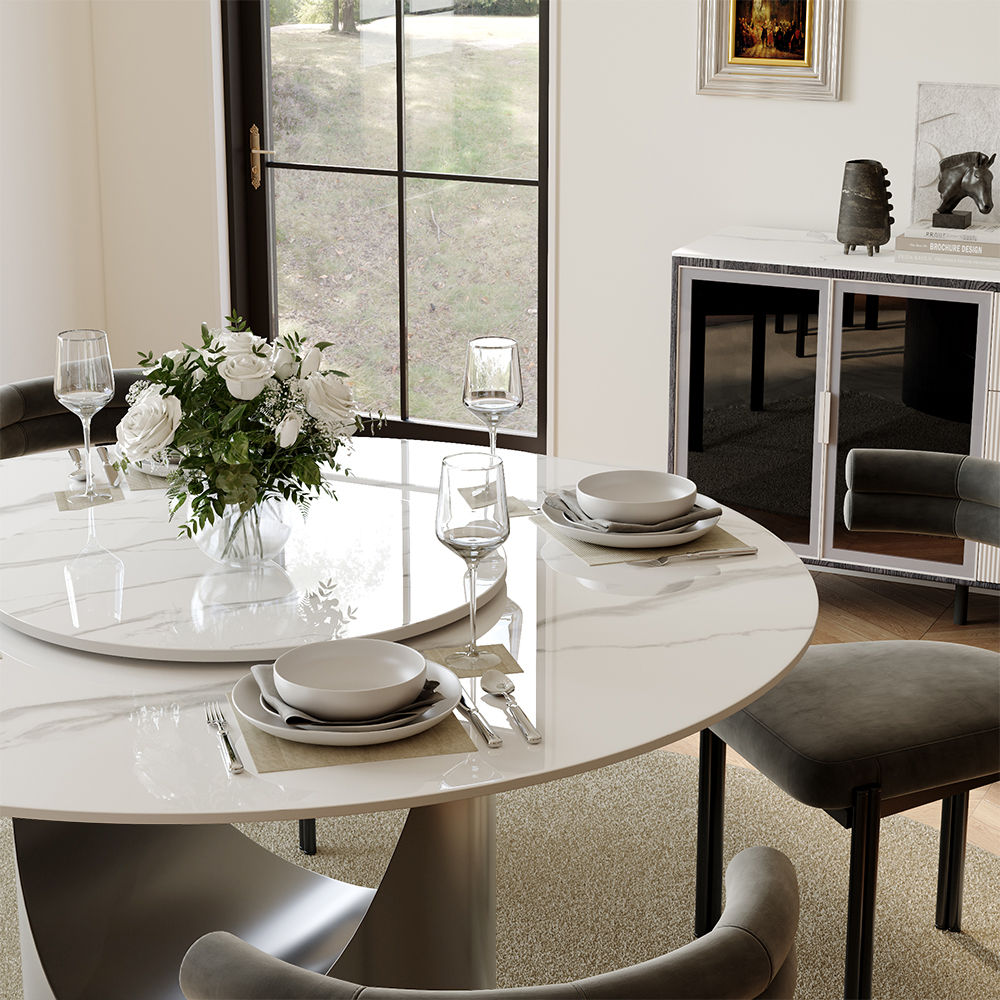 Round White & Gray Sintered Stone Dining Tables