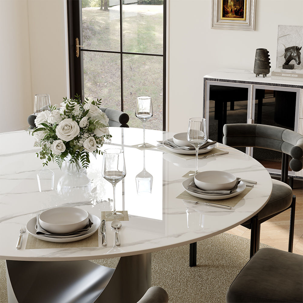 Round White & Gray Sintered Stone Dining Tables